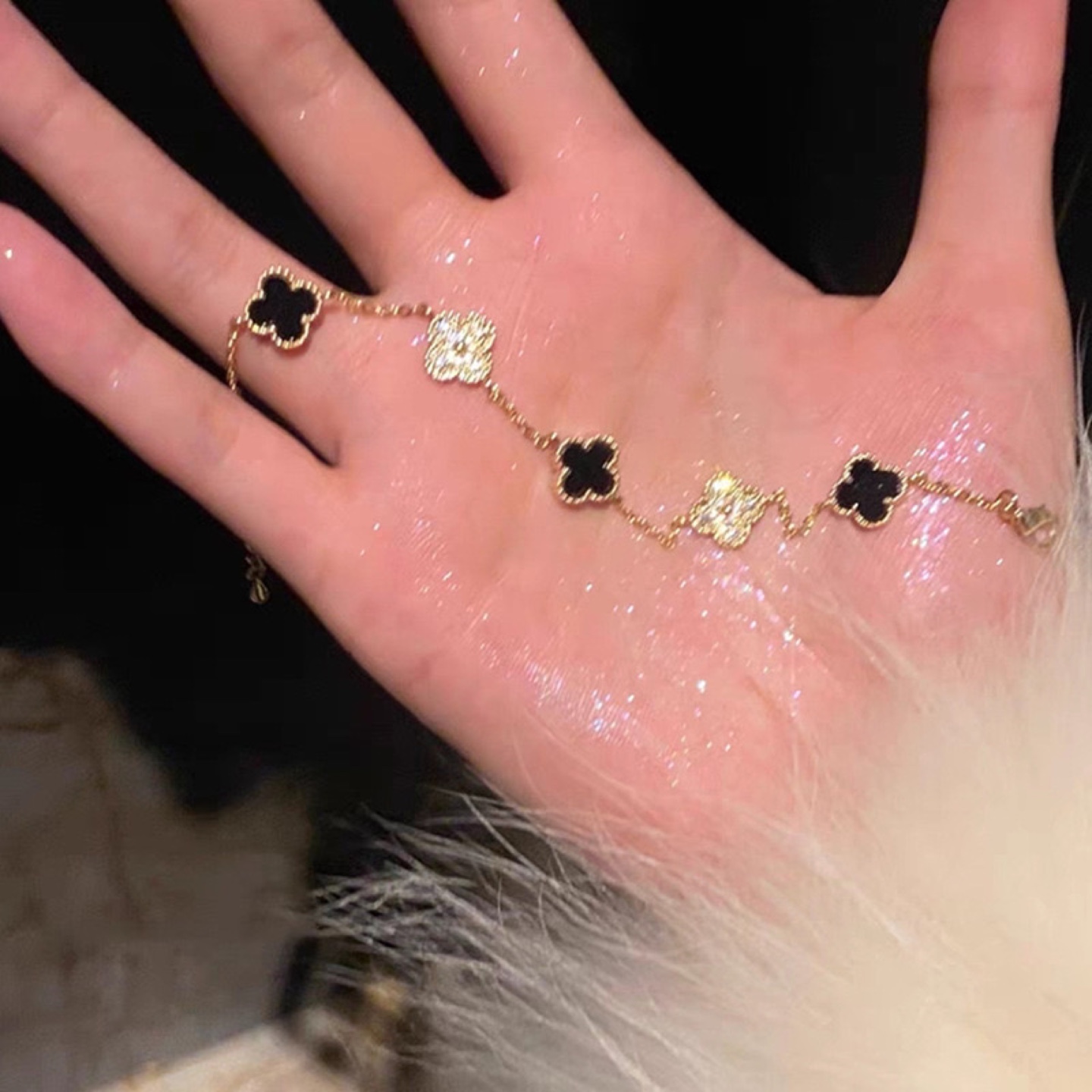Elegant Gold Plated Bracelet with Black Clover Charms