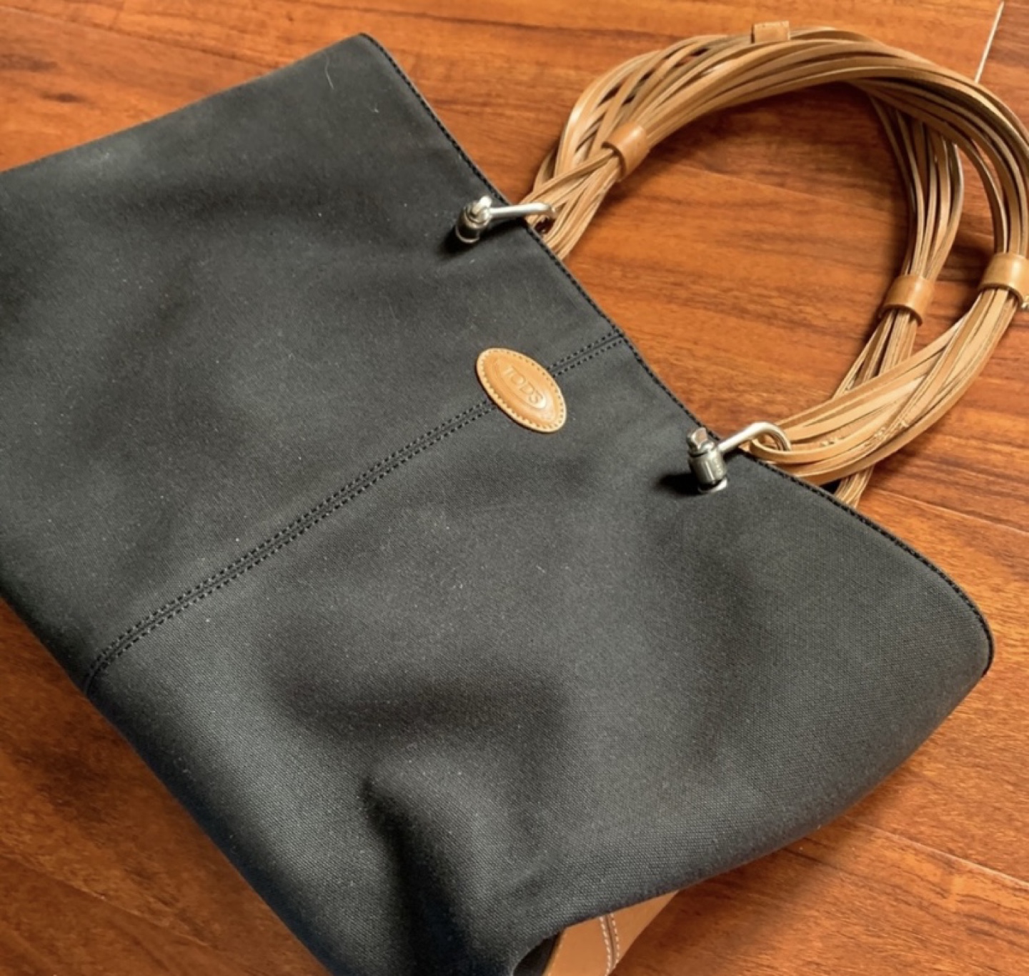 TOD'S Black Canvas Tote Bag with Leather Accents