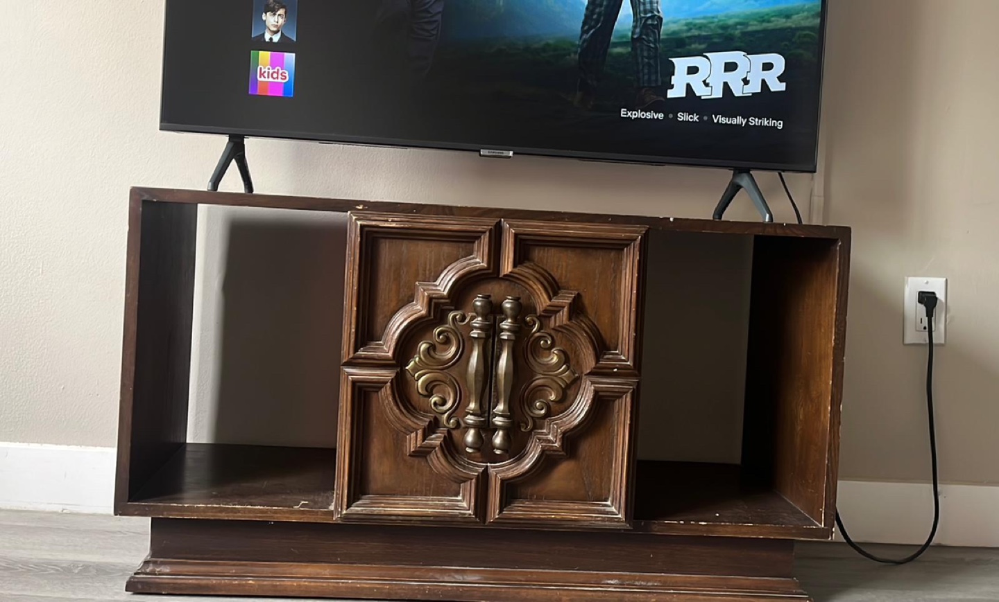 Vintage Wood TV Stand with Intricate Carving