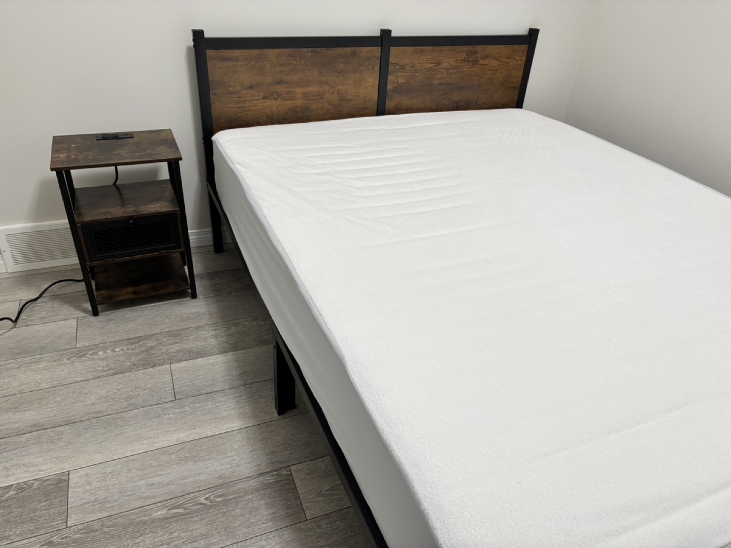 Queen Size Metal Bed Frame and Mattress with Nightstand