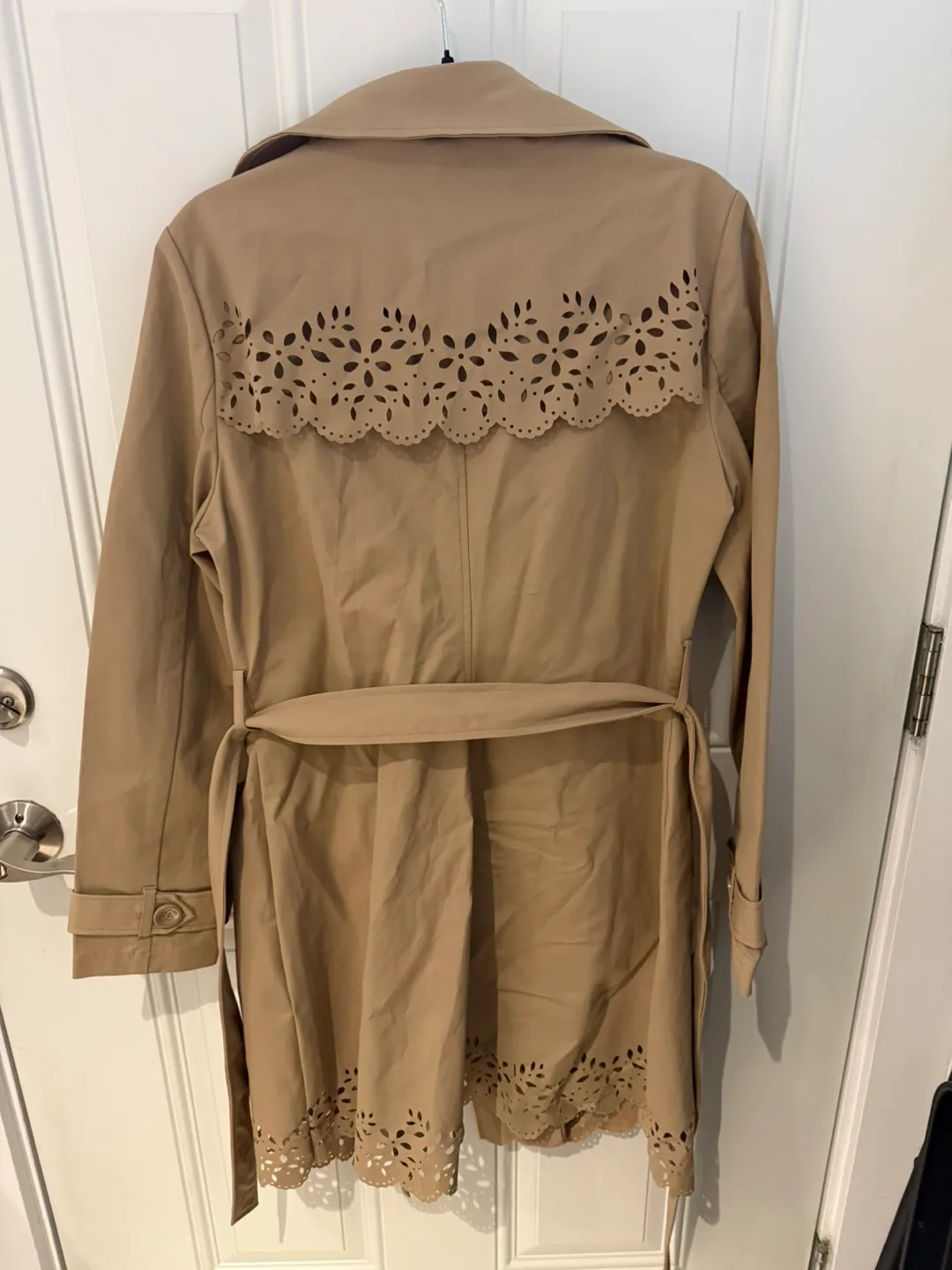 New York and Company Beige Trench Coat with Laser Cut Detail image indicator(2)