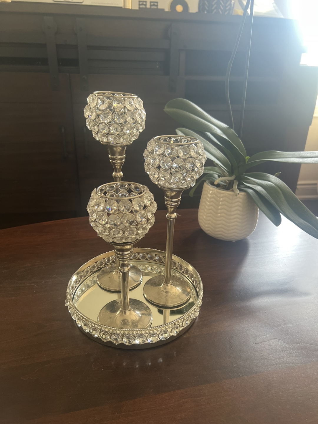 Crystal Votive Candle Holders Set of 3 with Mirrored Tray