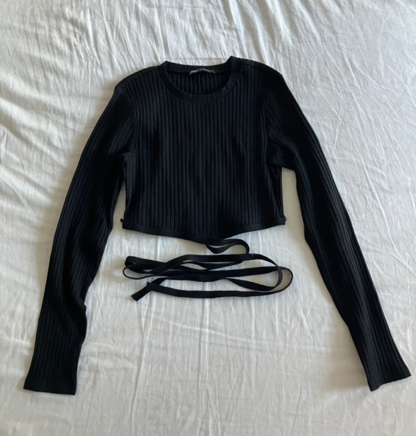 Zara Black Ribbed Long Sleeve Crop Top with Tie image indicator(2)
