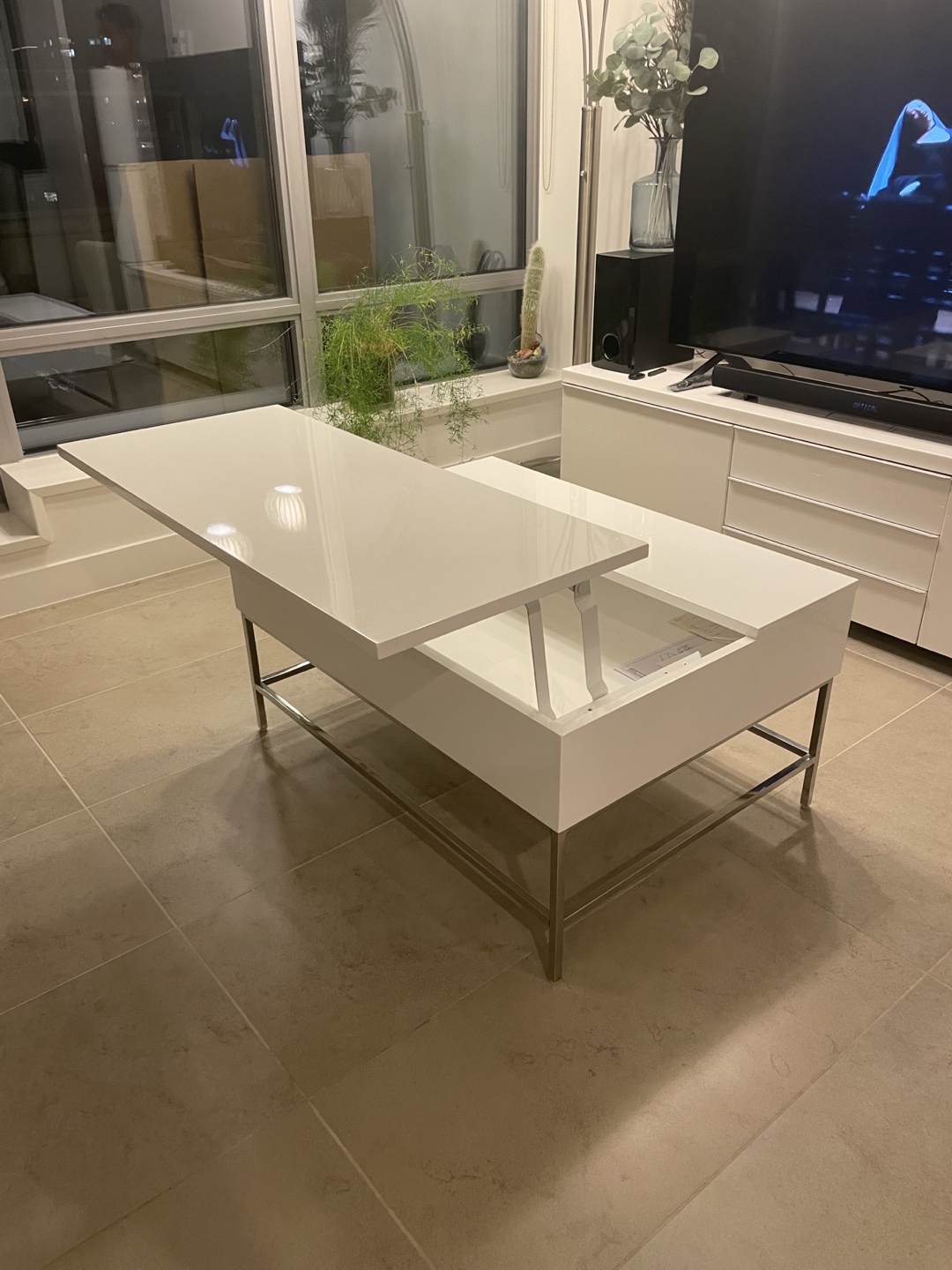 White Lift-Top Coffee Table with Chrome Legs - photo 2