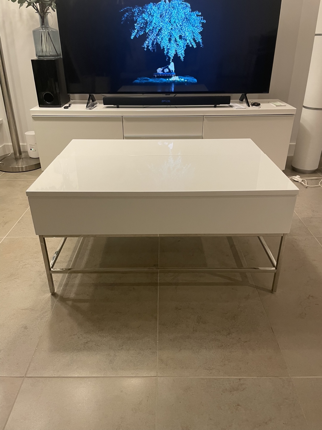 White Lift-Top Coffee Table with Chrome Legs - photo 3