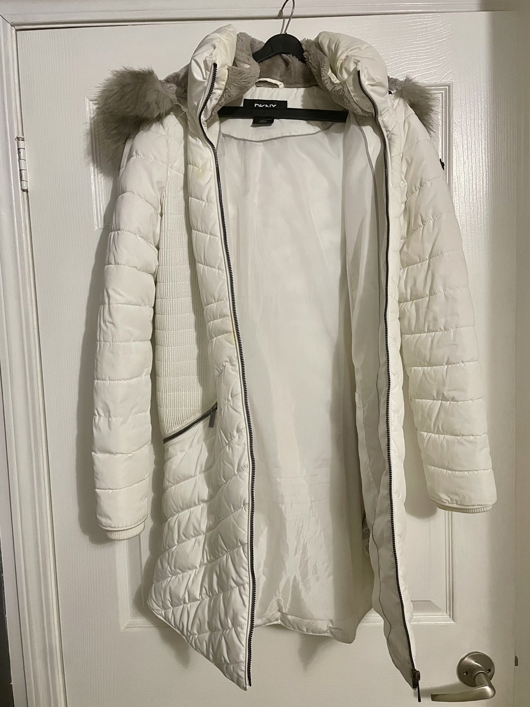 DKNY White Puffer Jacket with Faux Fur Hood - Size Small