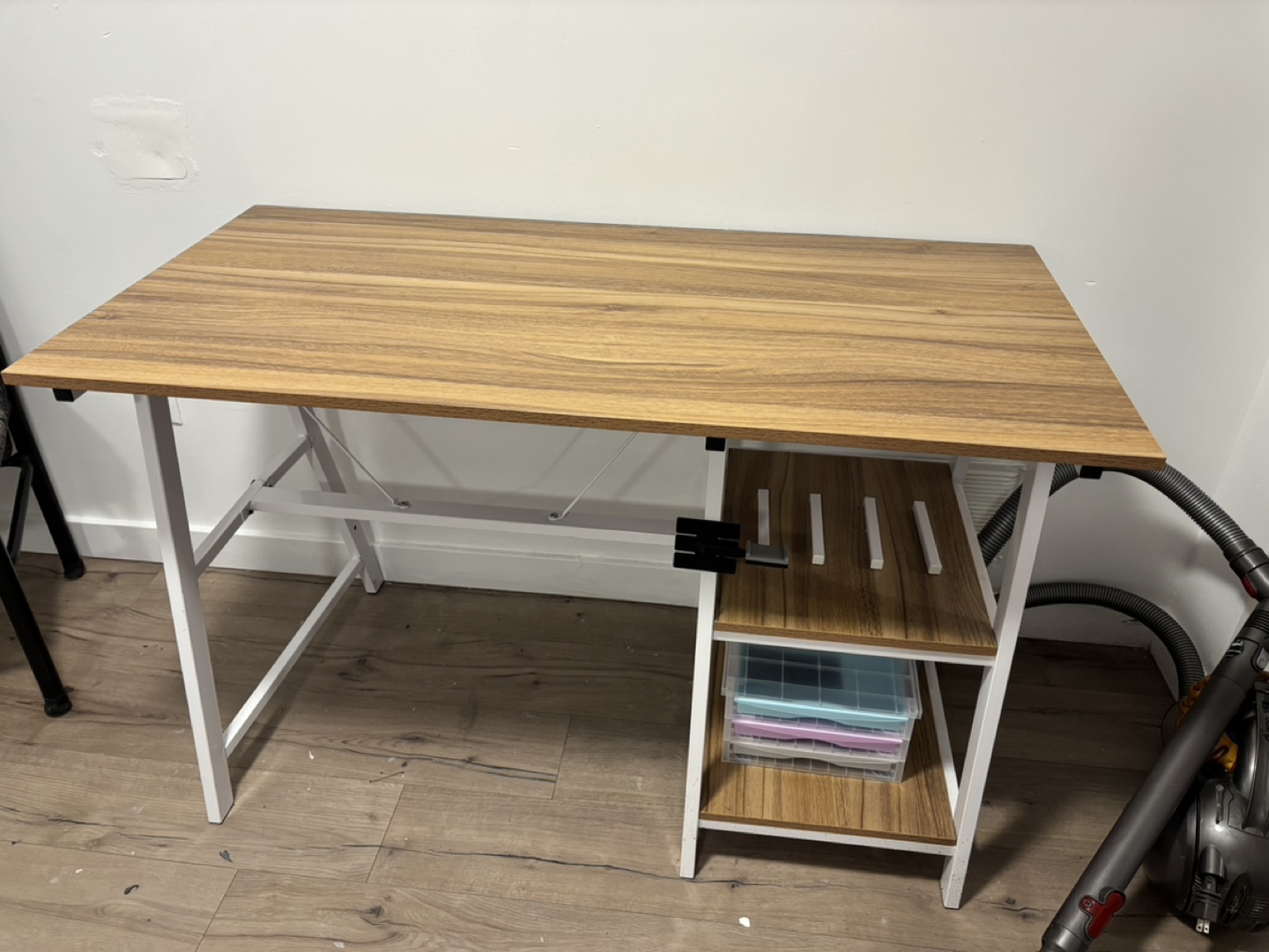 White and wood computer desk with shelf
