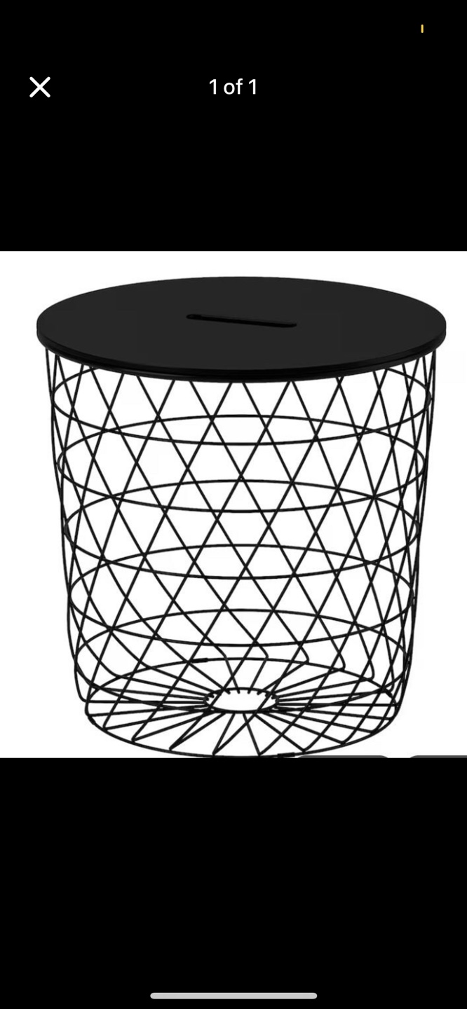 Black wire storage basket with wooden top