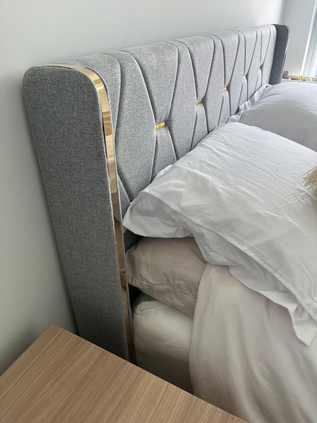 Queen Size Upholstered Bed Frame with Gold Accents