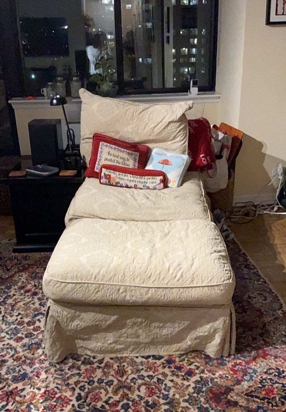 Ethan Allen Beige Chaise Lounge with Ottoman