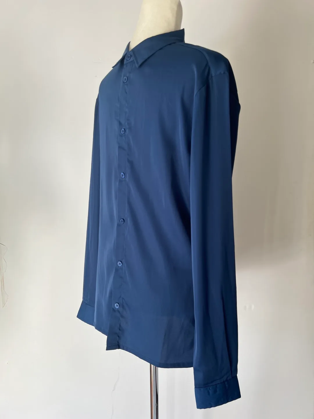 Men's Dark Blue Long Sleeve Silky Button-Down Shirt image indicator(2)