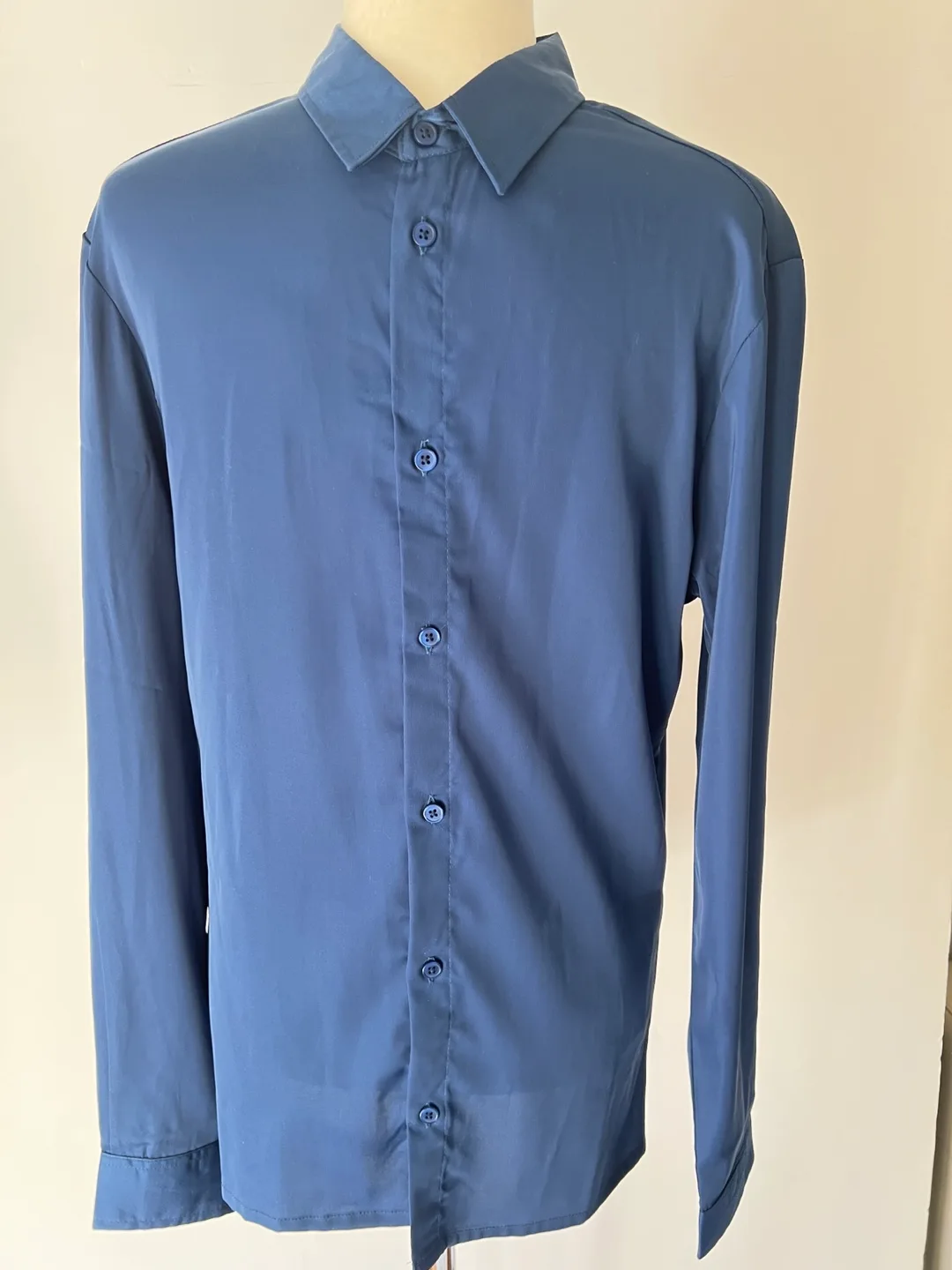 Men's Dark Blue Long Sleeve Silky Button-Down Shirt image indicator(5)