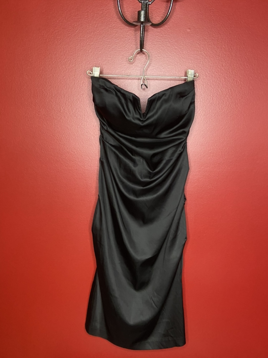 Le chateau Black Strapless Satin Midi Dress