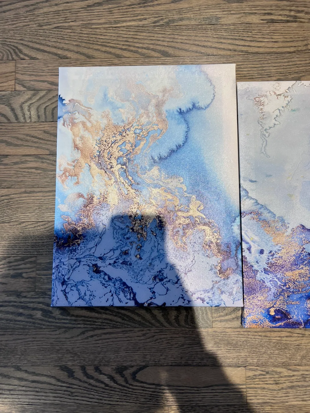 Set of three blue and gold abstract canvas wall art image indicator(2)