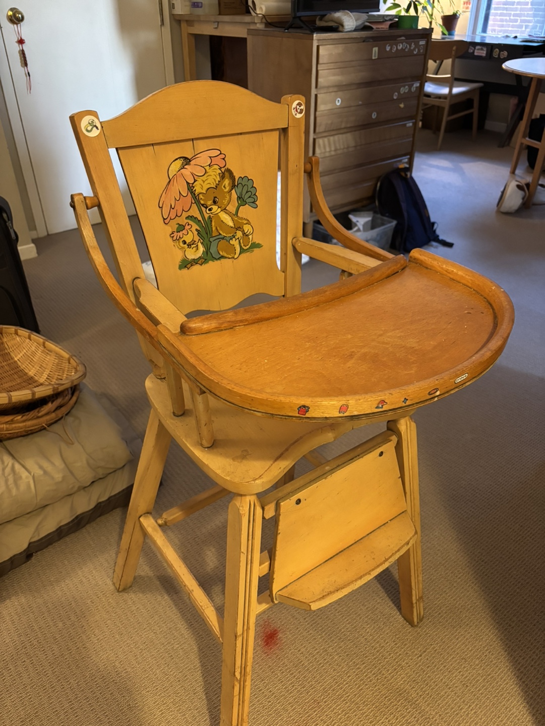 Vintage Wooden High Chair with Childrens Artwork
