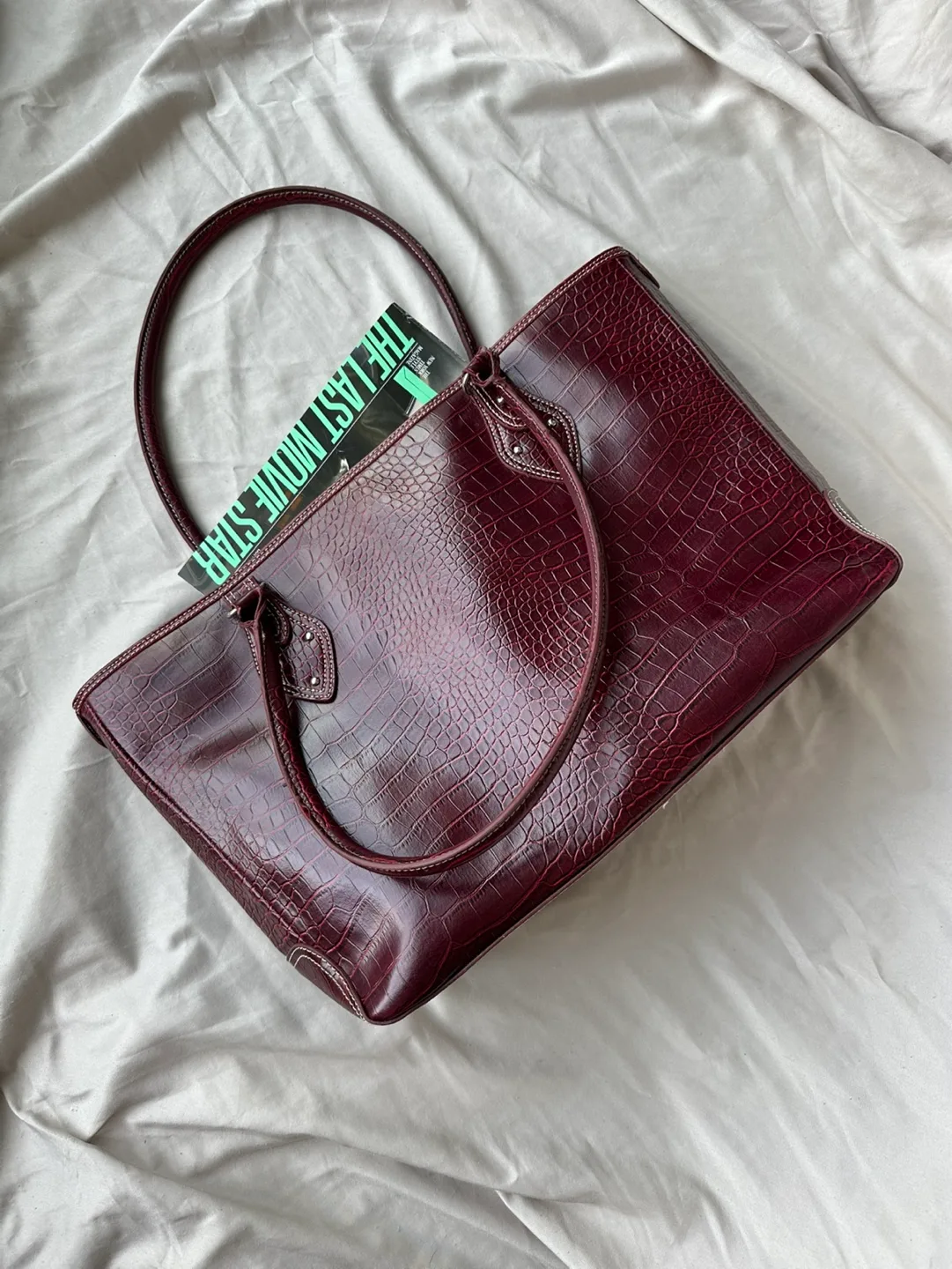 Burgundy Crocodile-Embossed Tote Bag thumbnail