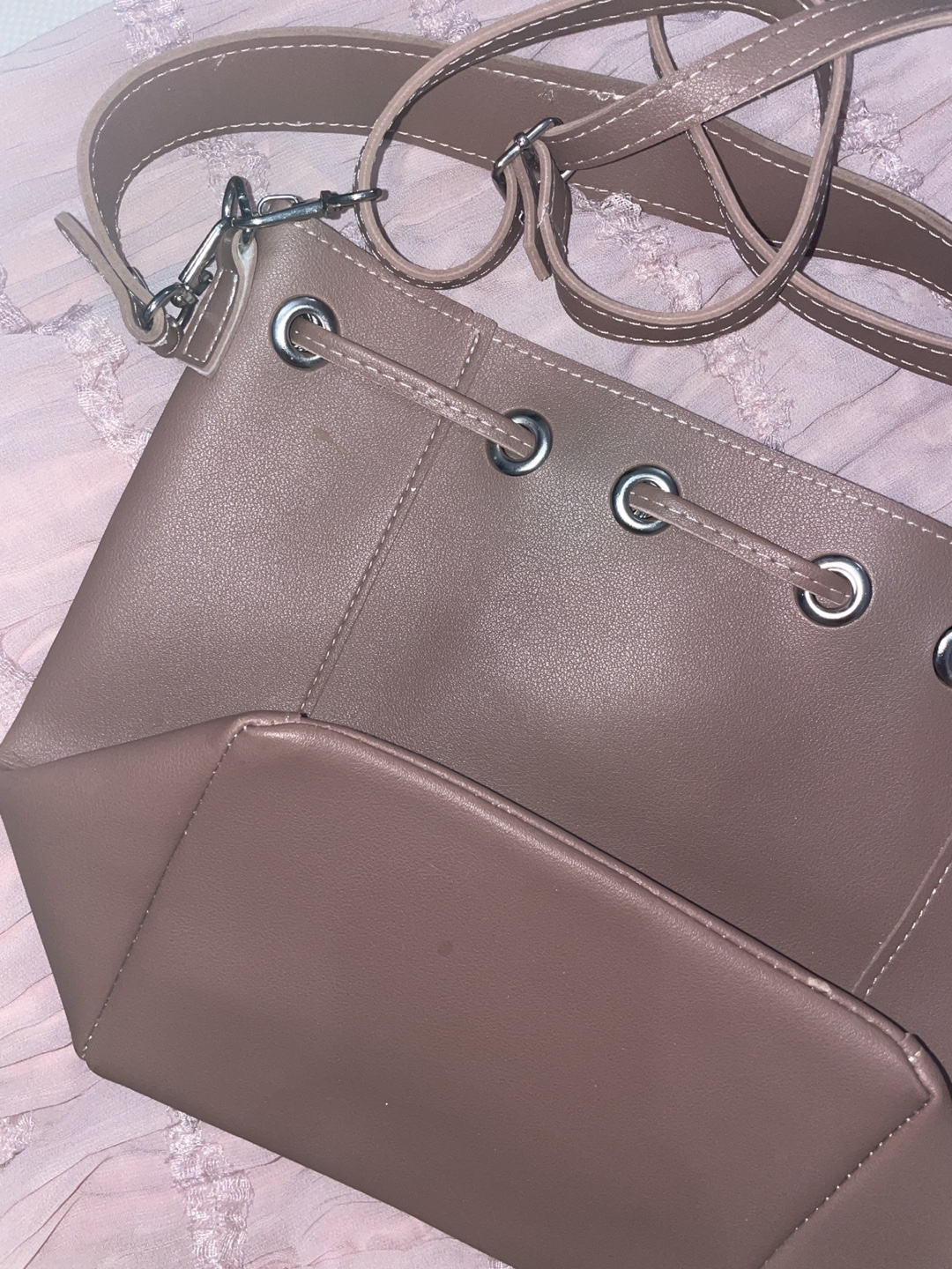 Dusty Rose Faux Leather Drawstring Bucket Bag
