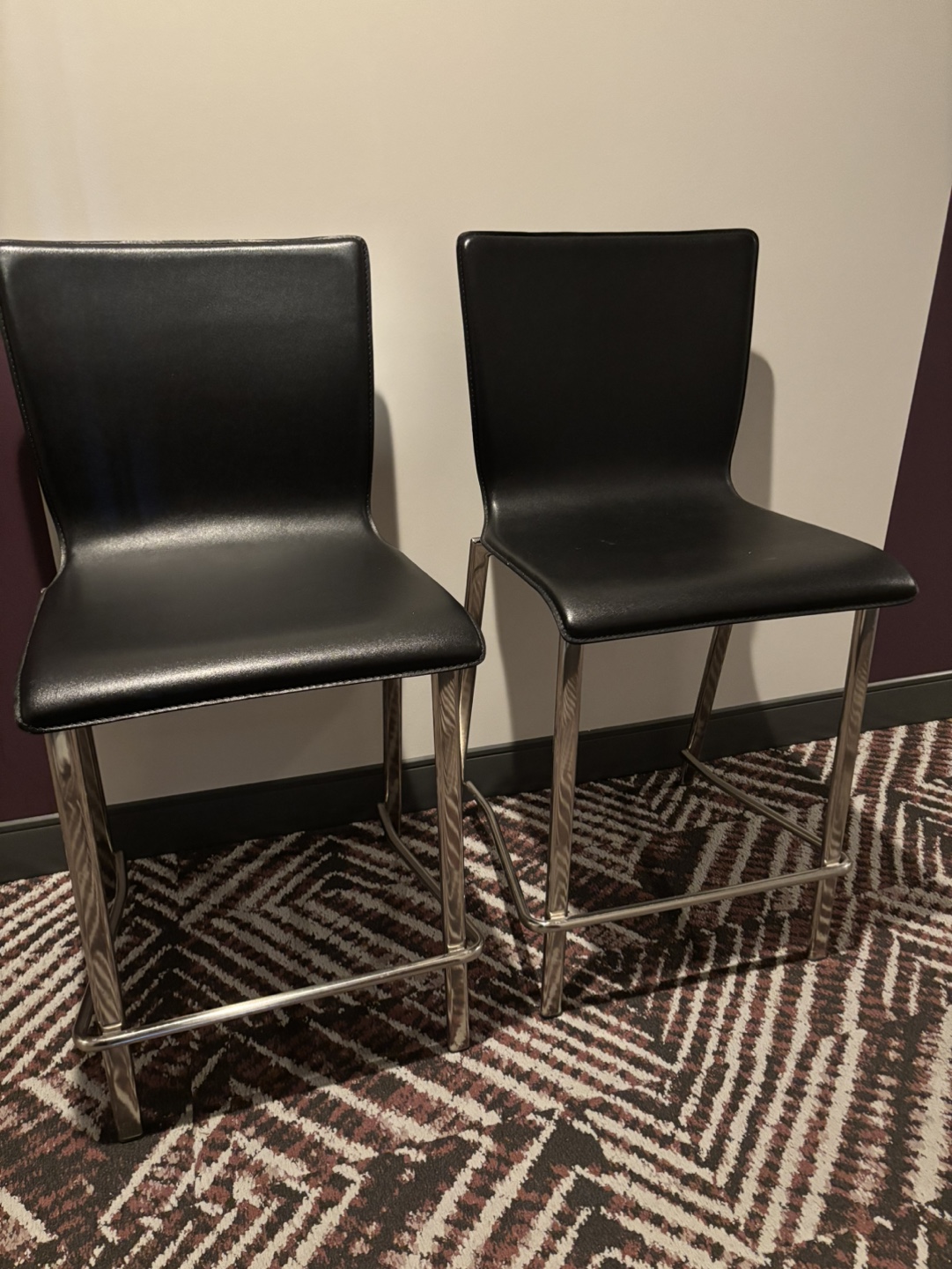 Pair of Black Leather Bar Stools with Chrome Legs