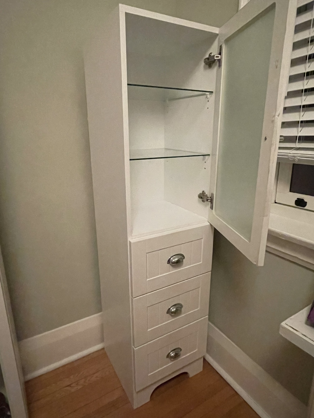 White Bathroom Linen Cabinet with Glass Door - photo 2