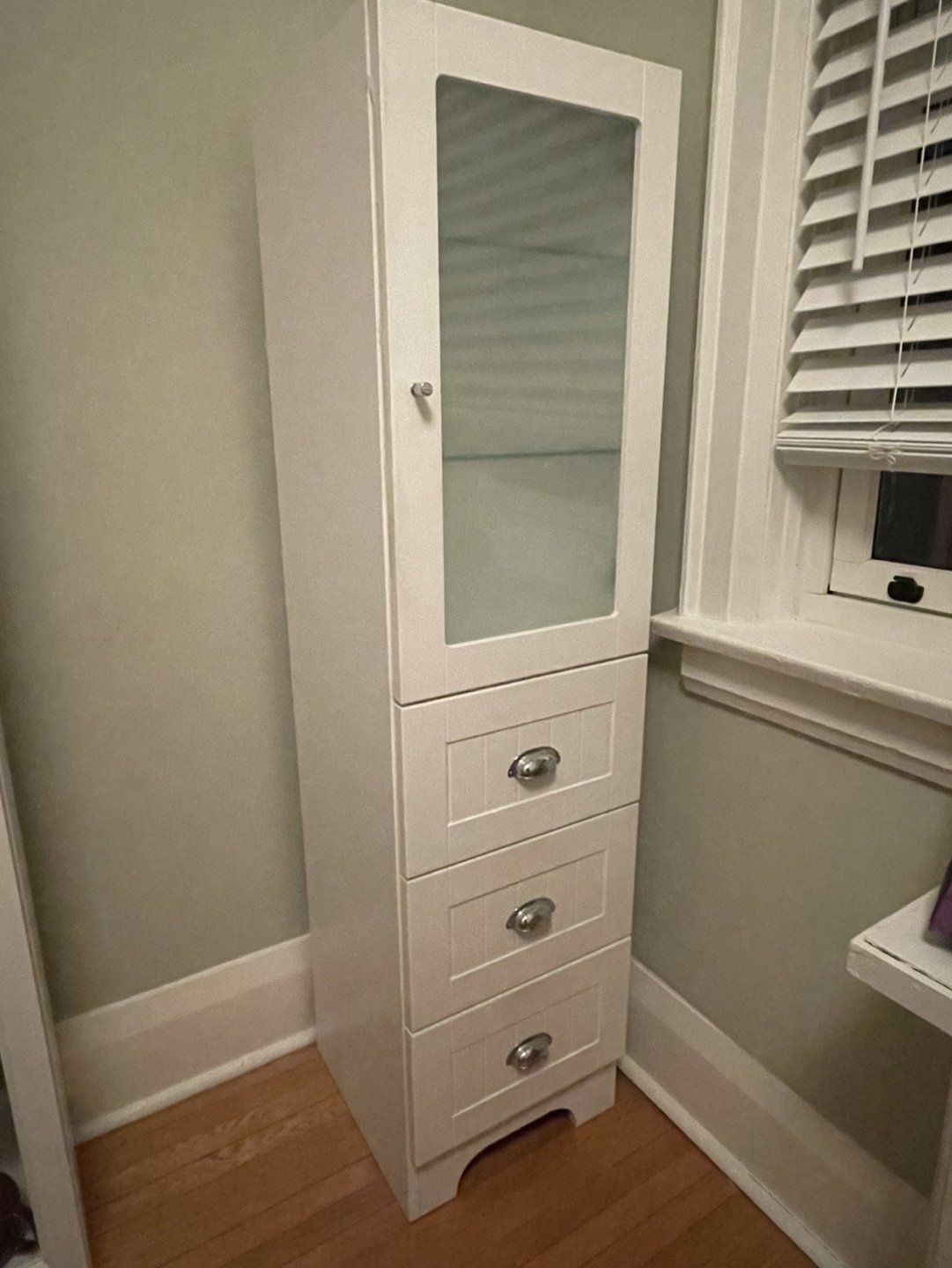 White Bathroom Linen Cabinet with Glass Door