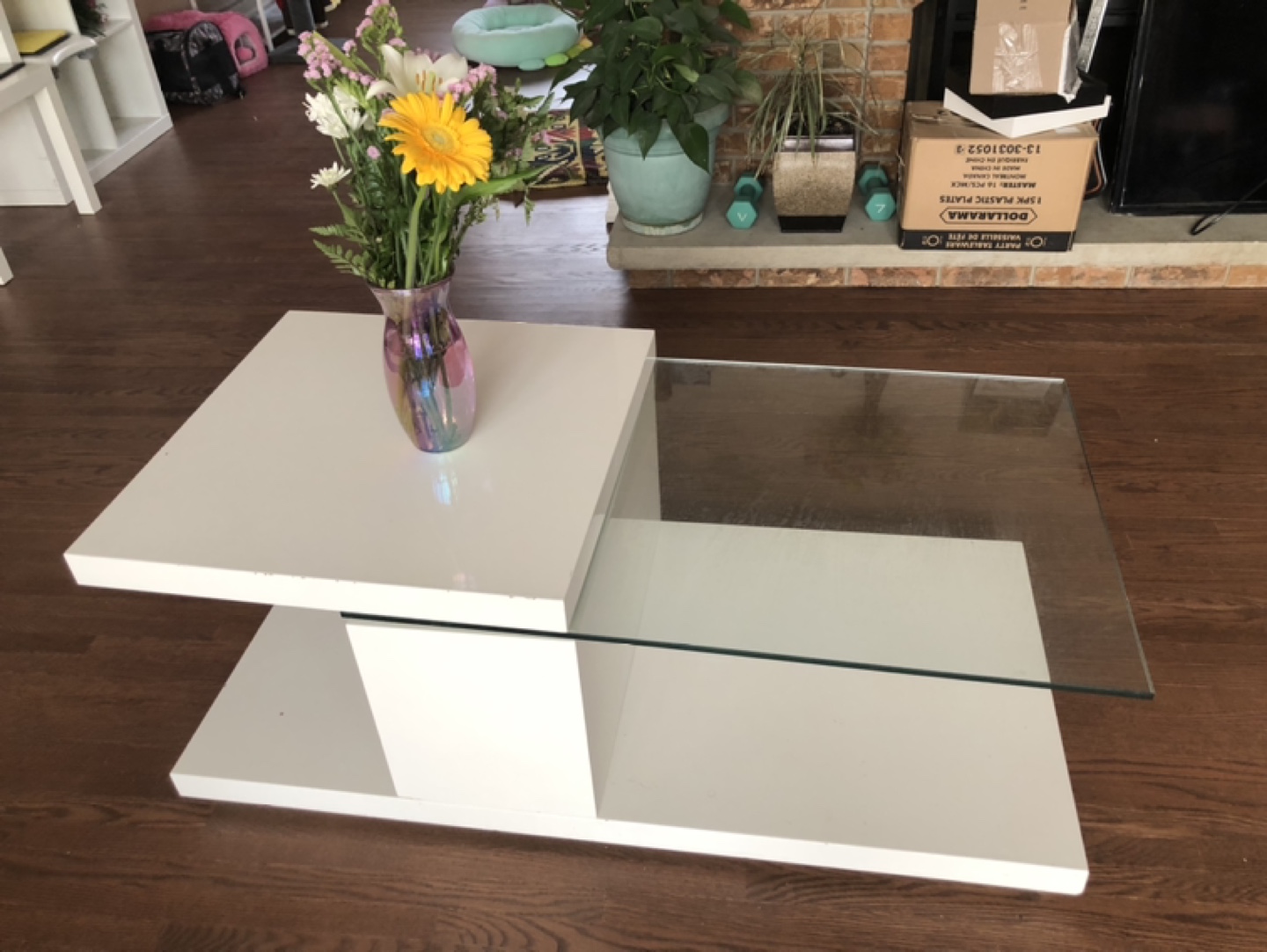 Modern White Coffee Table with Glass Top