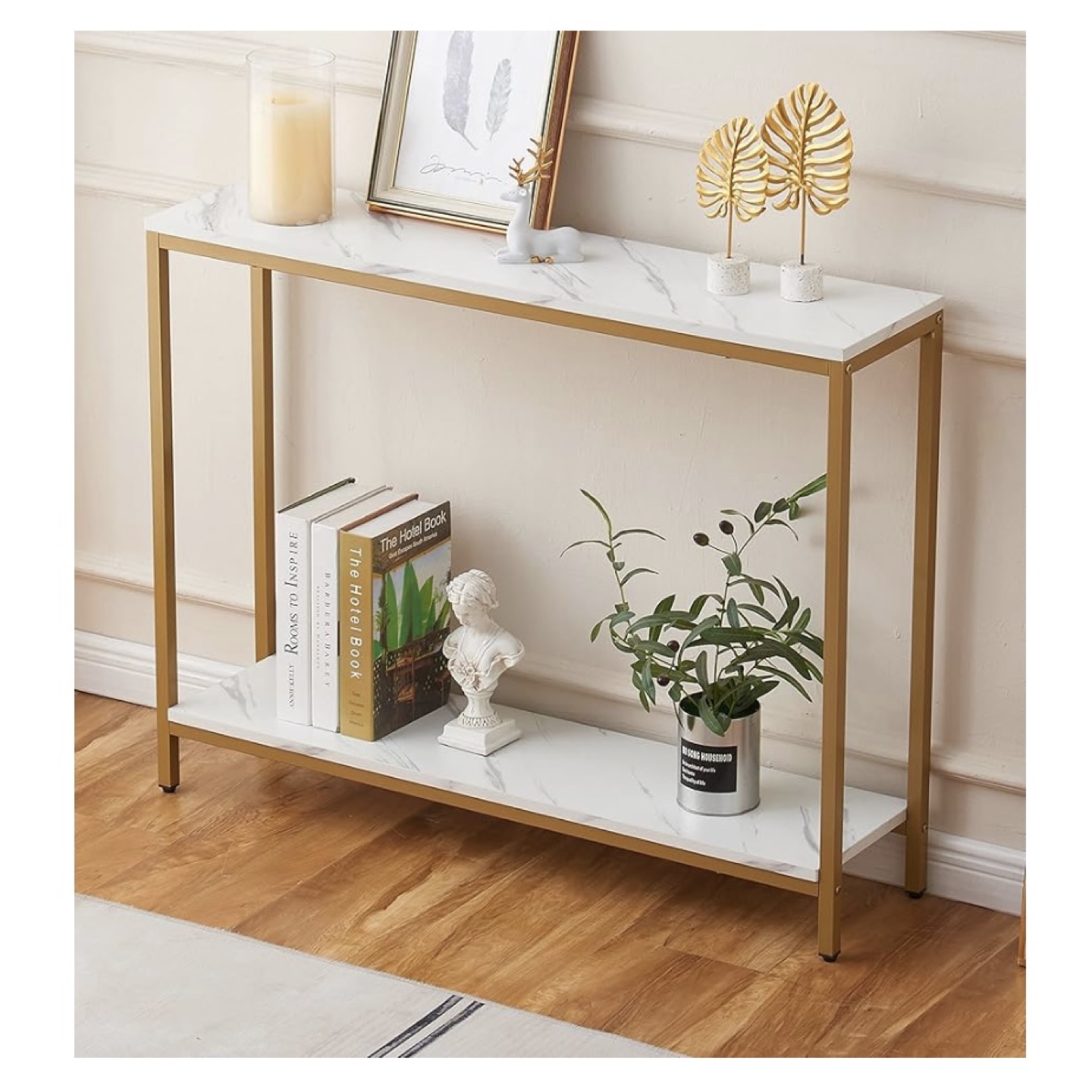 Gold Metal Frame Console Table with Marble Top