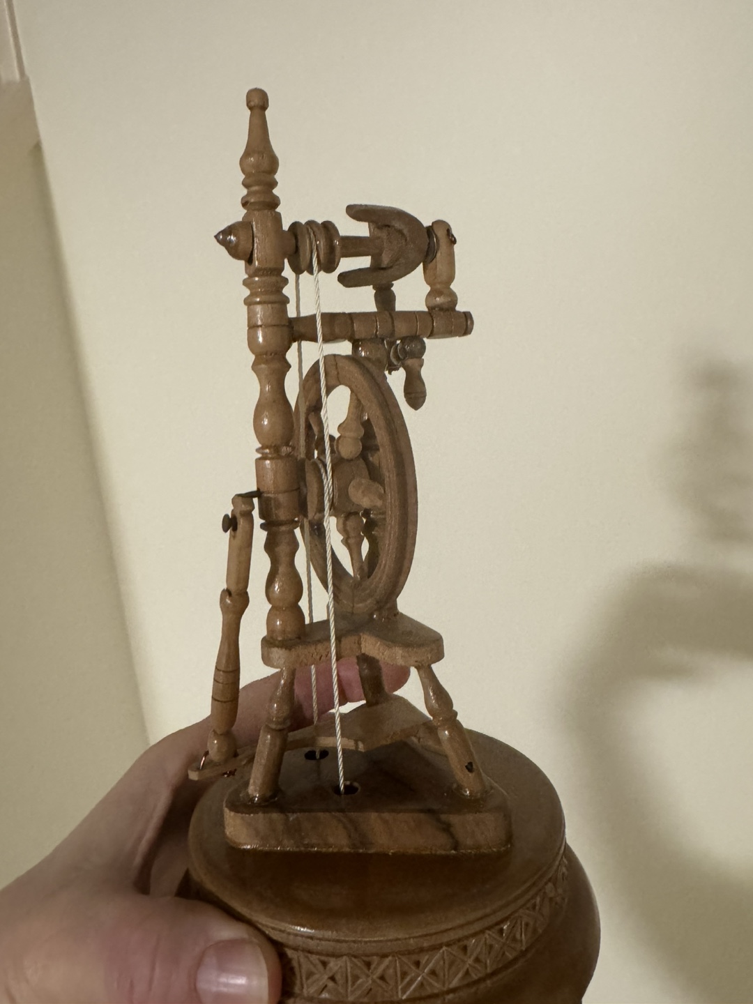 Antique Wooden Spinning Wheel Music Box