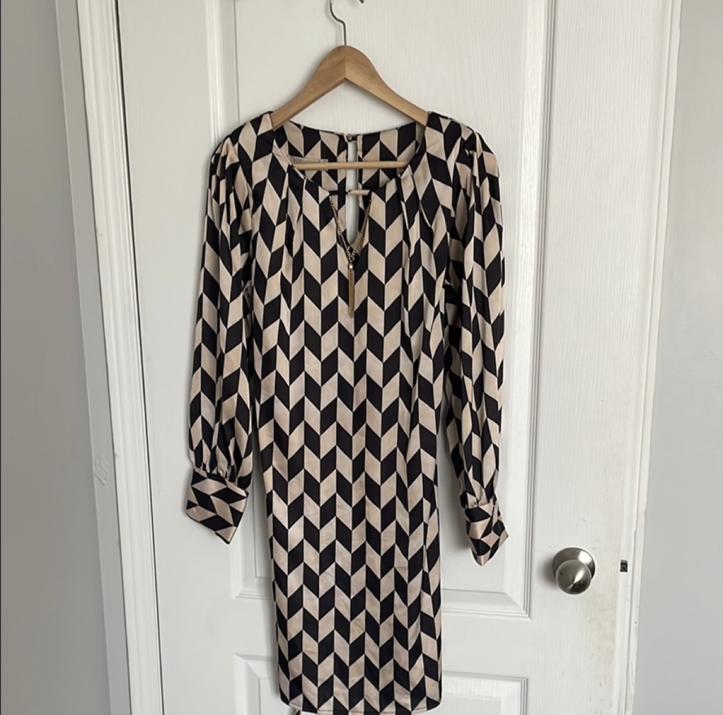 Black and Beige Geometric Print Mini Dress