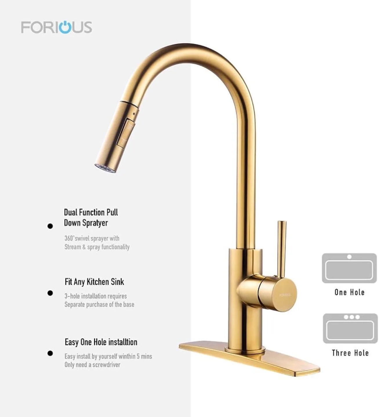 FORIOUS Brushed Gold Kitchen Faucet with Pull-Down Sprayer image indicator(3)