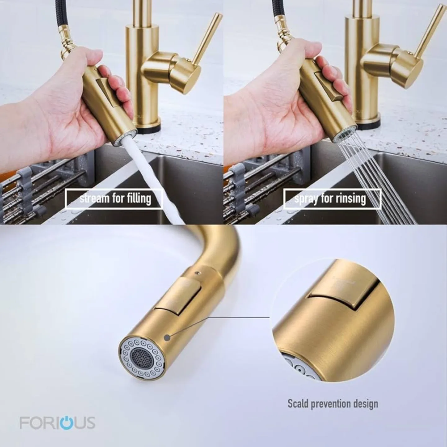 FORIOUS Brushed Gold Kitchen Faucet with Pull-Down Sprayer image indicator(2)