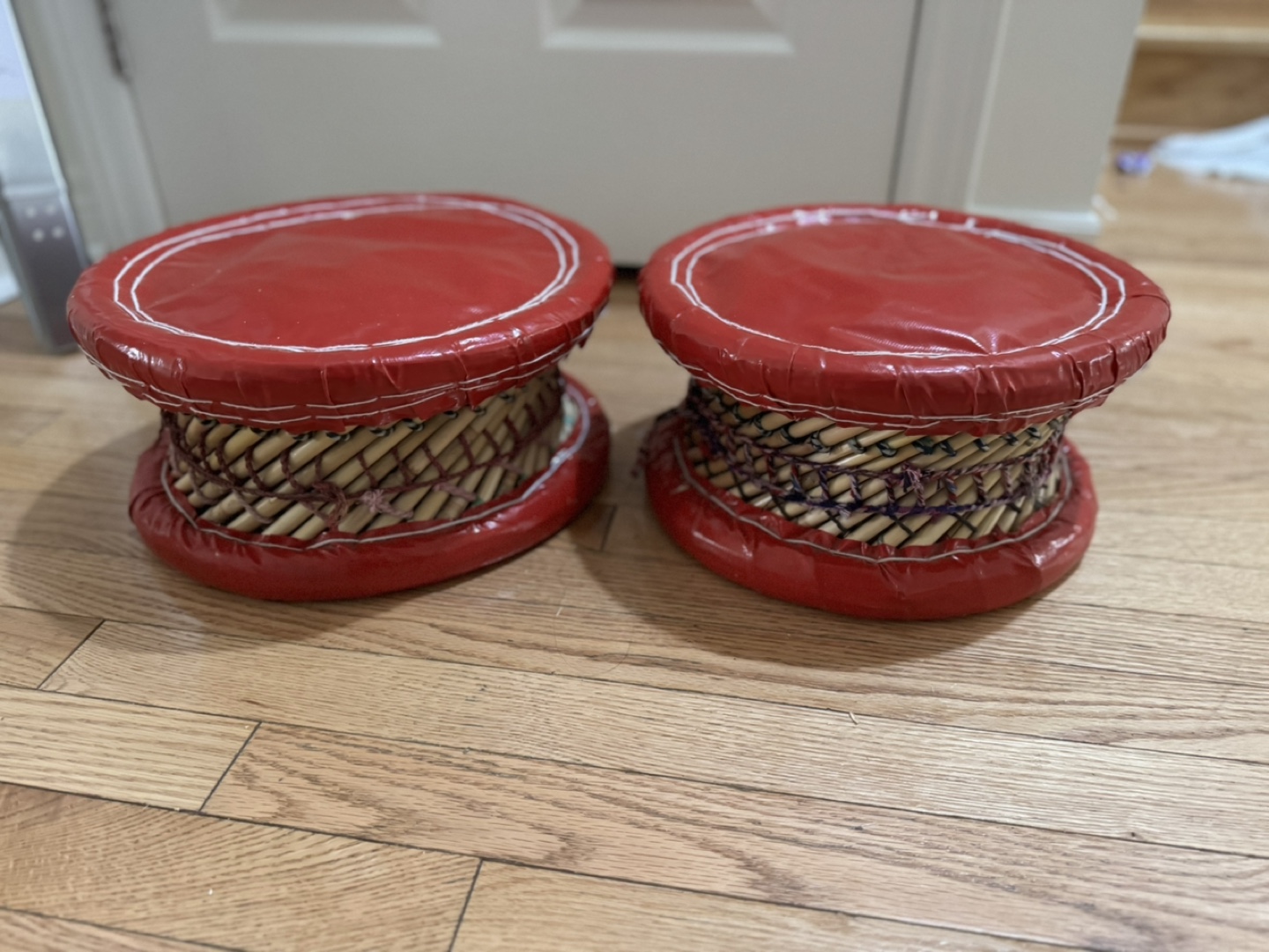 Pair of Red wowen Bamboo Stools
