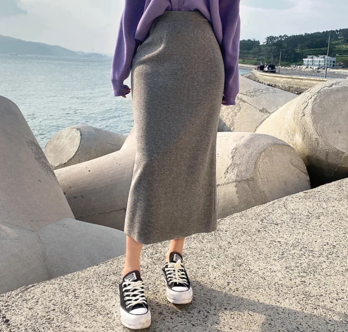 Grey midi knit skirt