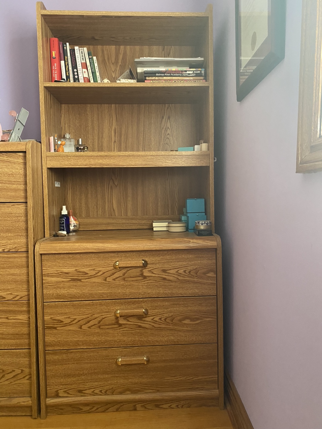 Wooden Bookcase with Three-Drawer Unit