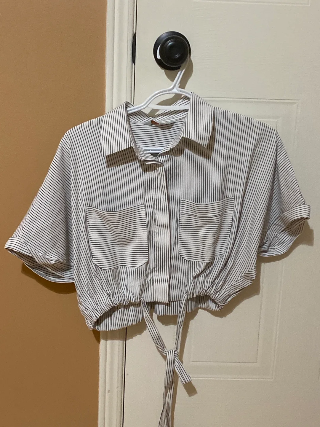 Striped cropped button-up shirt thumbnail