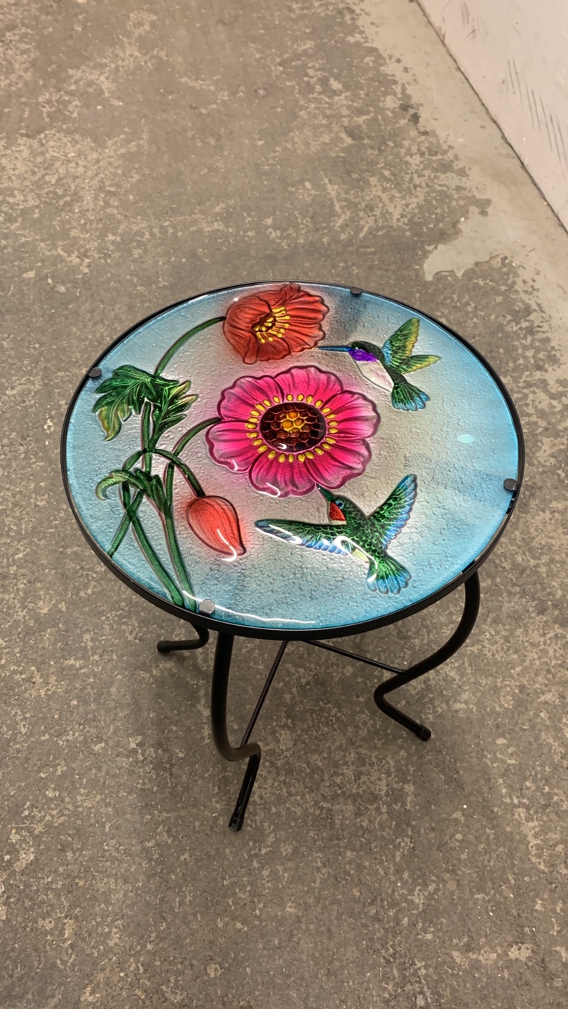 Hummingbird and Flower Glass Top Side Table