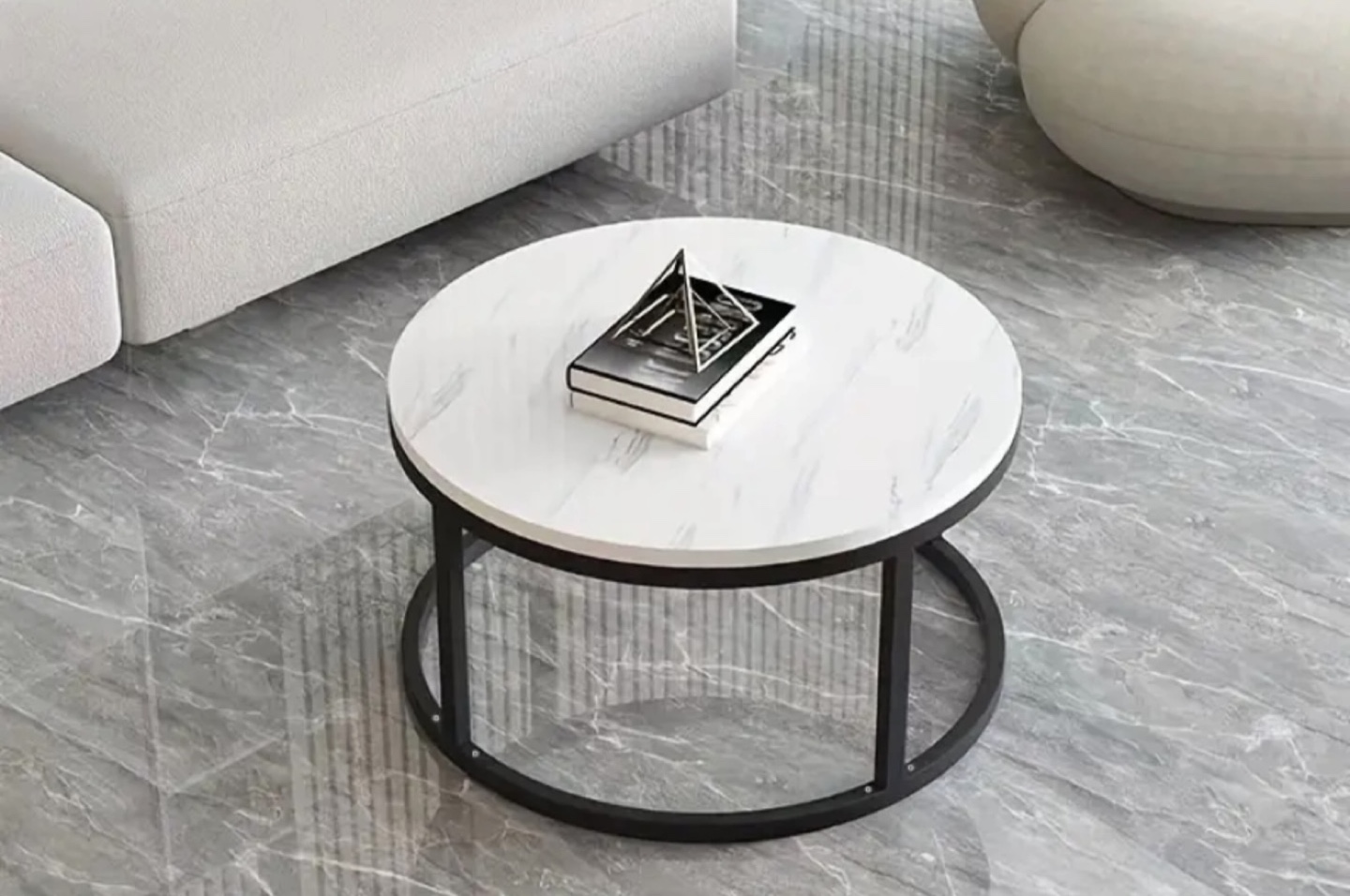 Round Black Marble Top Coffee Table with Black Metal Frame - photo 2