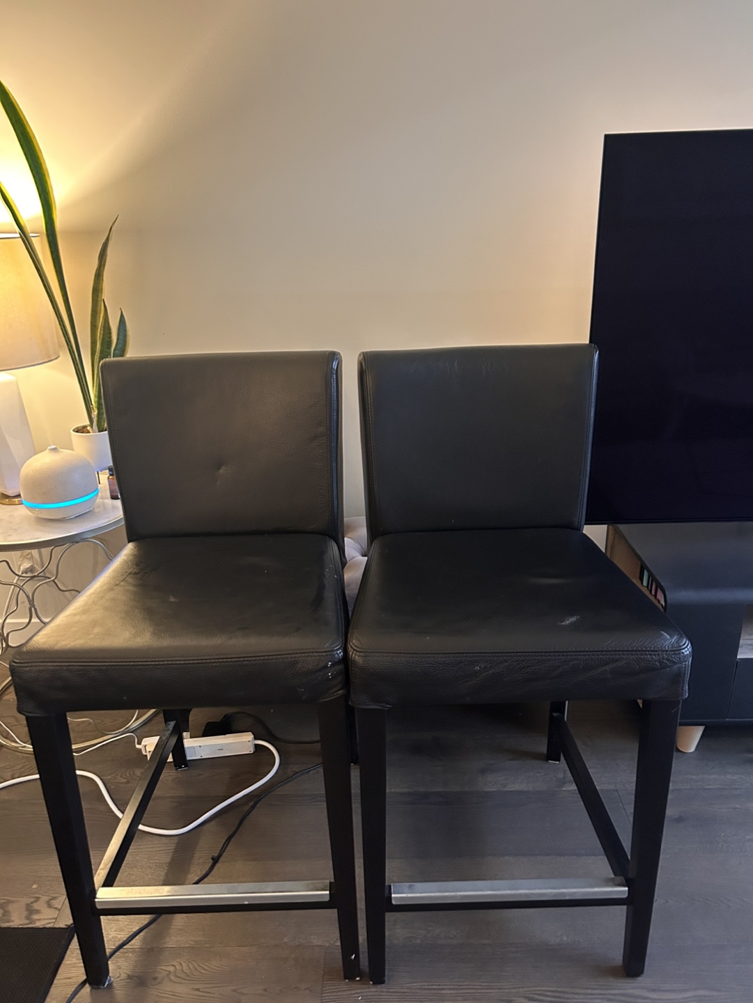 Pair of Black Leather Bar Stools