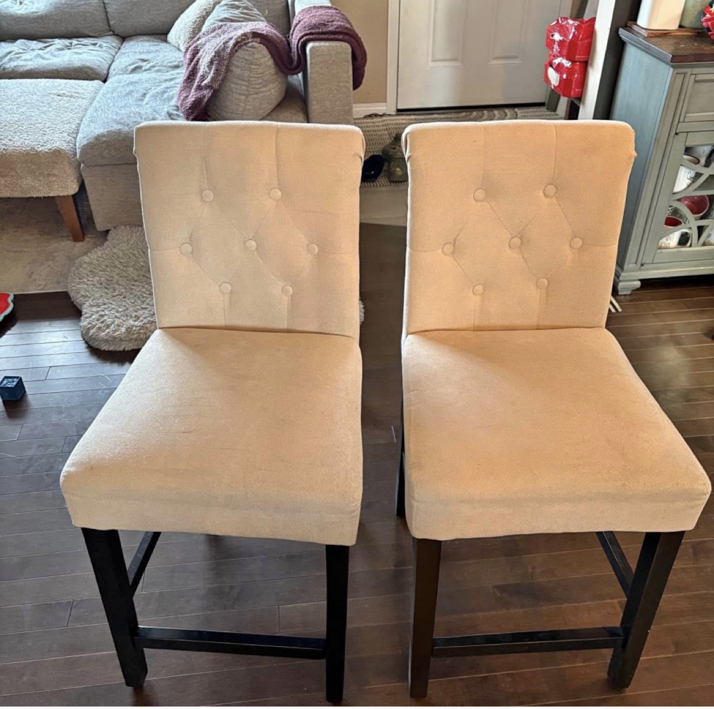 Pair of Beige Upholstered Counter Height Stools