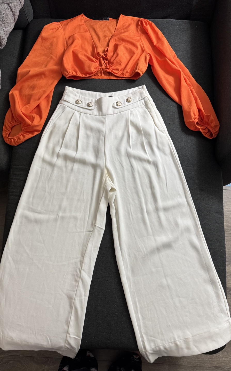 Two-Piece Set - Orange Crop Top & White Wide-Leg Pants