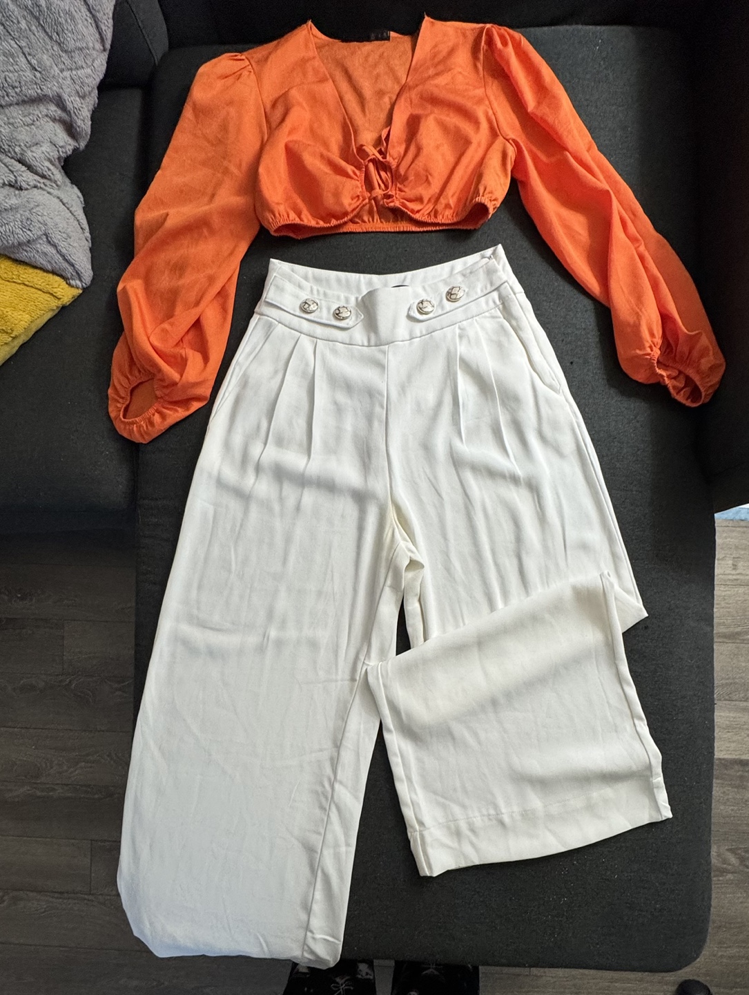 Two-Piece Set - Orange Crop Top & White Wide-Leg Pants - photo 2
