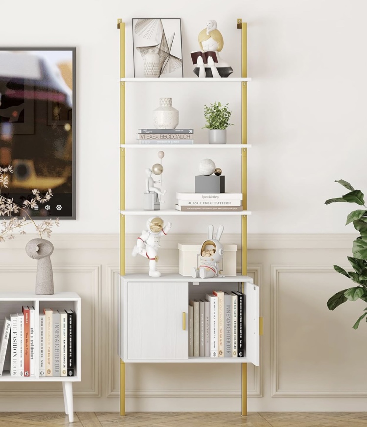 Ladder Bookshelf with Cabinet – White and Gold - photo 3
