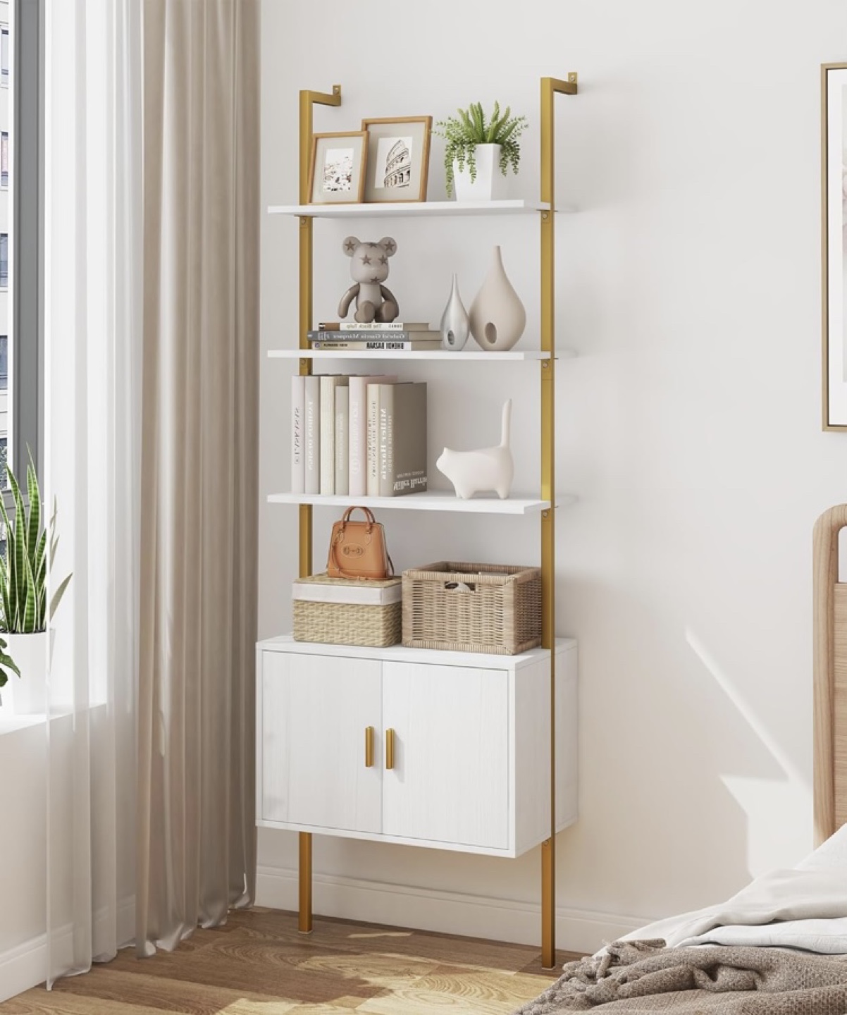 Ladder Bookshelf with Cabinet – White and Gold - photo 2