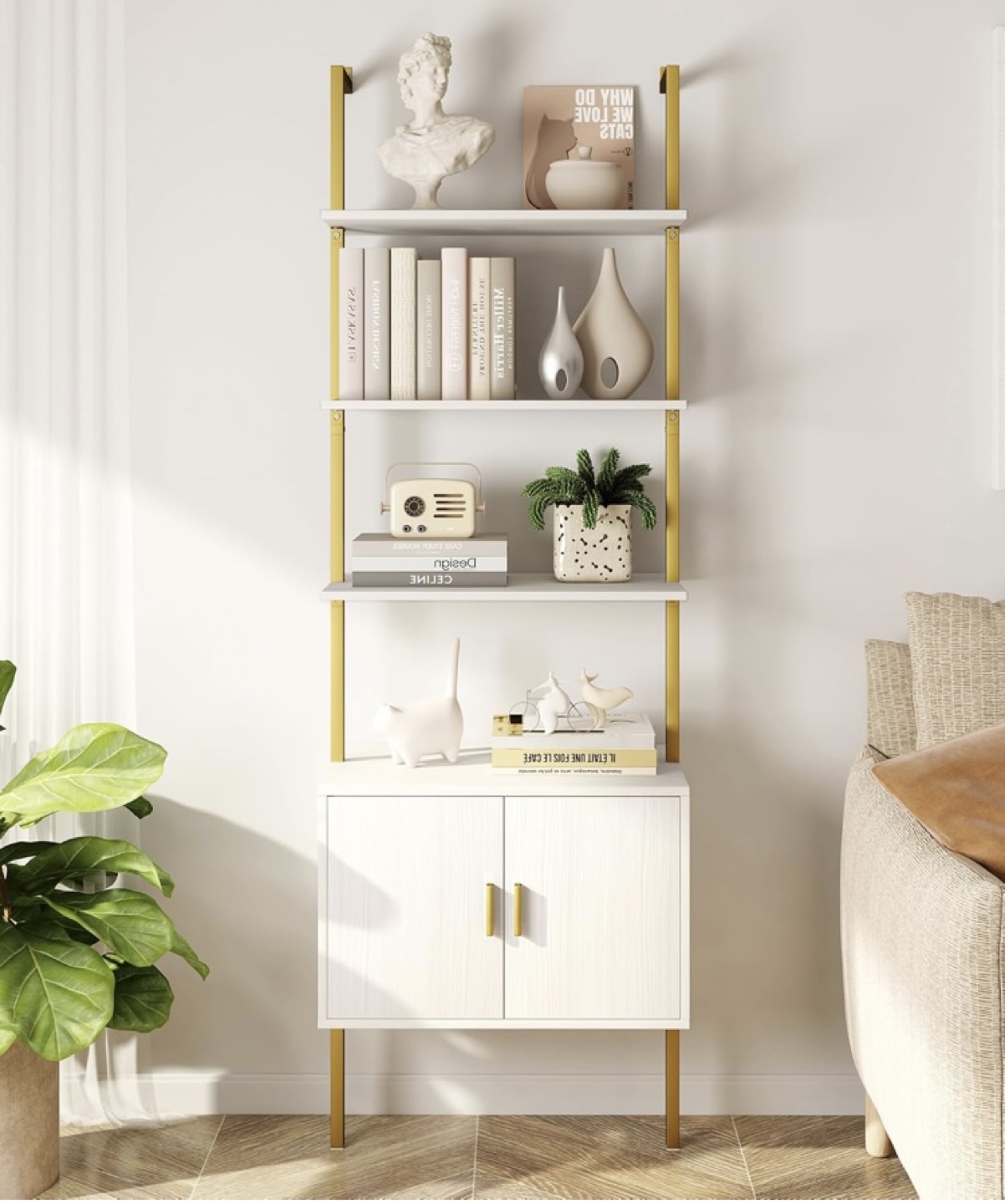 Ladder Bookshelf with Cabinet – White and Gold