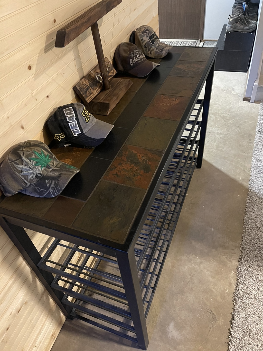 Rustic Metal Wine Rack with Slate Top