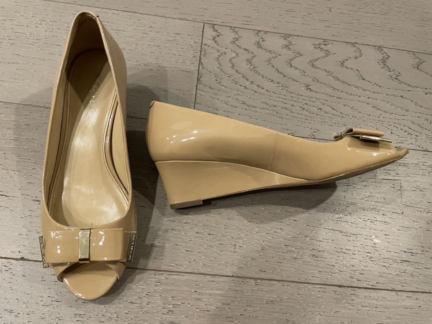Michael Kors Nude Patent Leather Peep Toe Wedge Heels, Size 8M