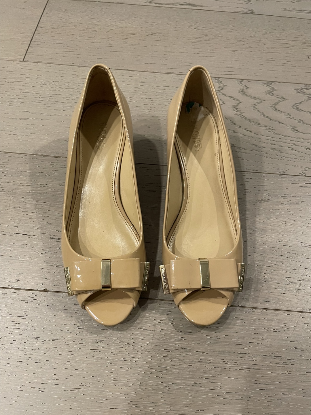 Michael Kors Nude Patent Leather Peep Toe Wedge Heels, Size 8M - photo 2