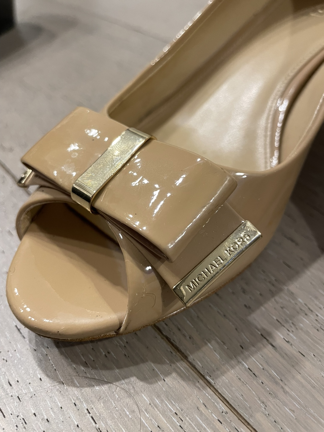 Michael Kors Nude Patent Leather Peep Toe Wedge Heels, Size 8M - photo 3