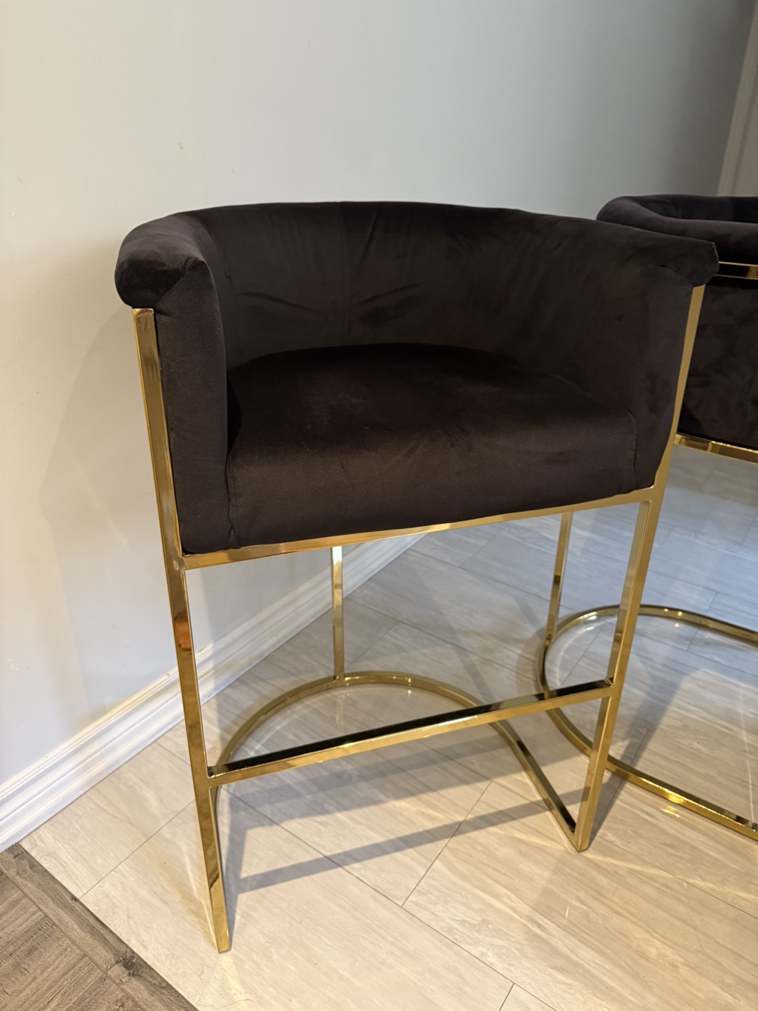Pair of Black Velvet and Gold Bar Stools - photo 5