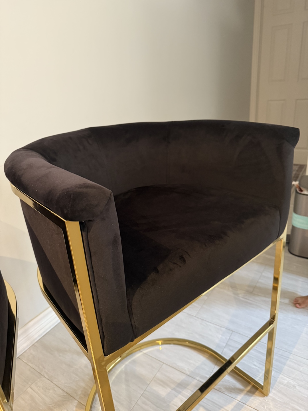 Pair of Black Velvet and Gold Bar Stools - photo 3