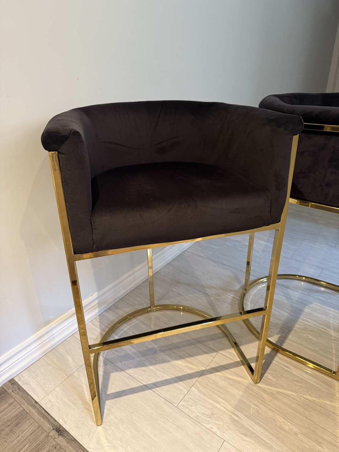 Pair of Black Velvet and Gold Bar Stools